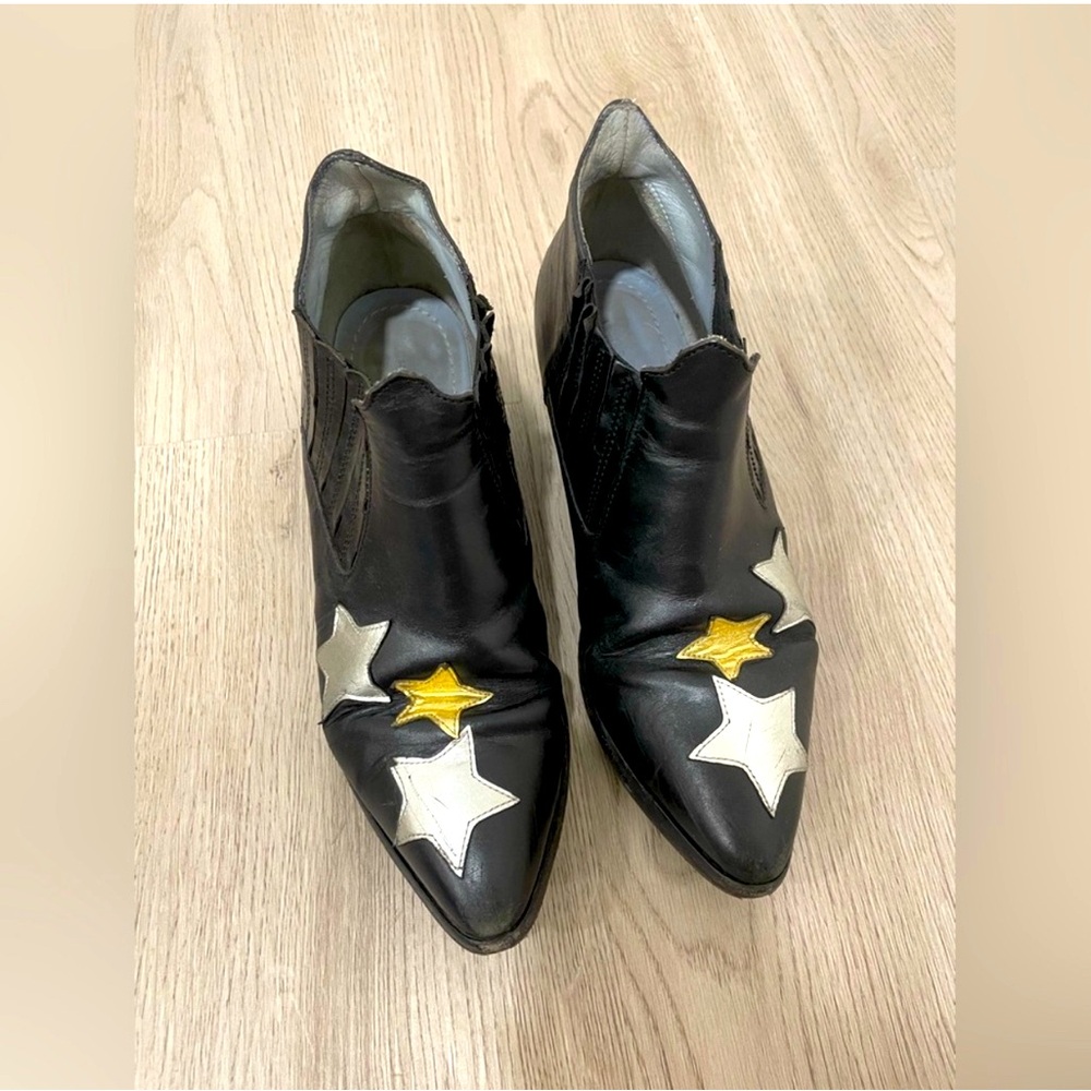 Chiara Ferragni Embroidered Glitter Star Black Leather Ankle Booties sz: 39 US 9